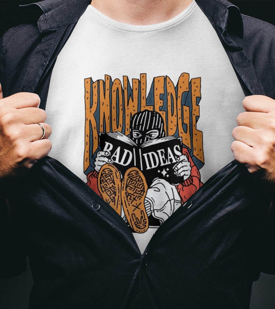 Knowledge Bad Ideas Elyski Balaclava Reading Book Shoe Soles Halftone Cartoon T-Shirt