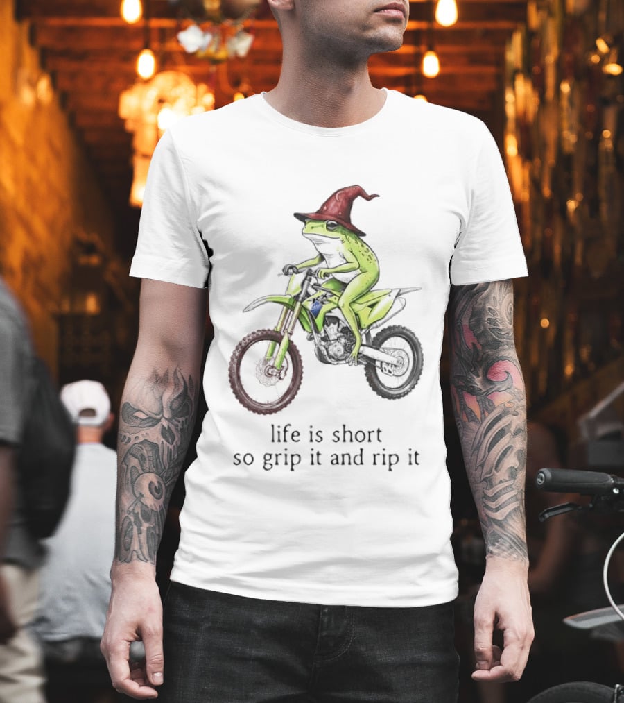 Life Is Short So Grip It And Rip It Frog Red Wizard Hat Green Dirt Bike Adventure T-Shirt
