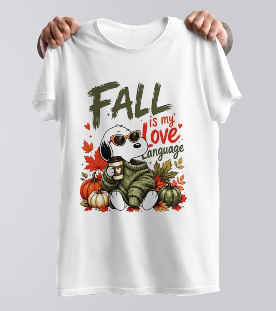 Fall Is My Love Language Cartoon Dog Cozy Green Sweater Pumpkins Leaves Coffee T-Shirt