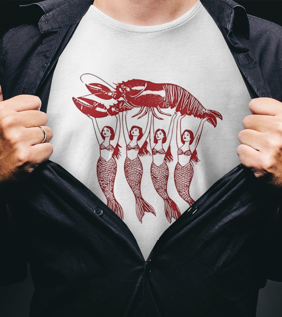 Four Mermaids Holding A Lobster Vintage Red Sea Creature T-Shirt