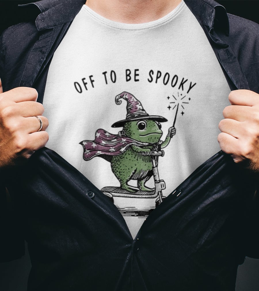 Frog Wizard On Scooter With Cape Off To Be Spooky Magic Wand T-Shirt