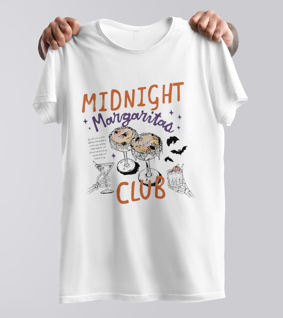 Midnight Margaritas Club Spooky Cocktail Skeleton Hands Bats And Spiderwebs T-Shirt