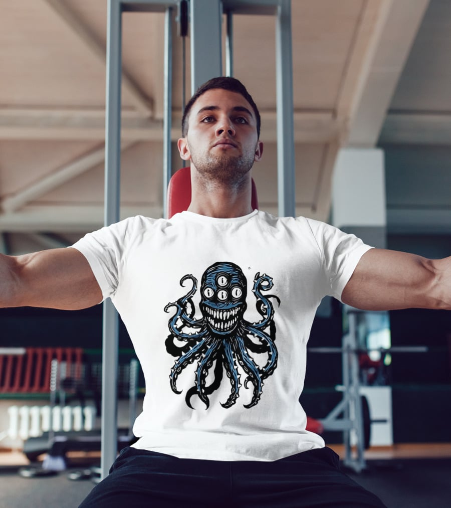 Monstrous Spiky Tentacles Blue Octopus Woodcut T-Shirt