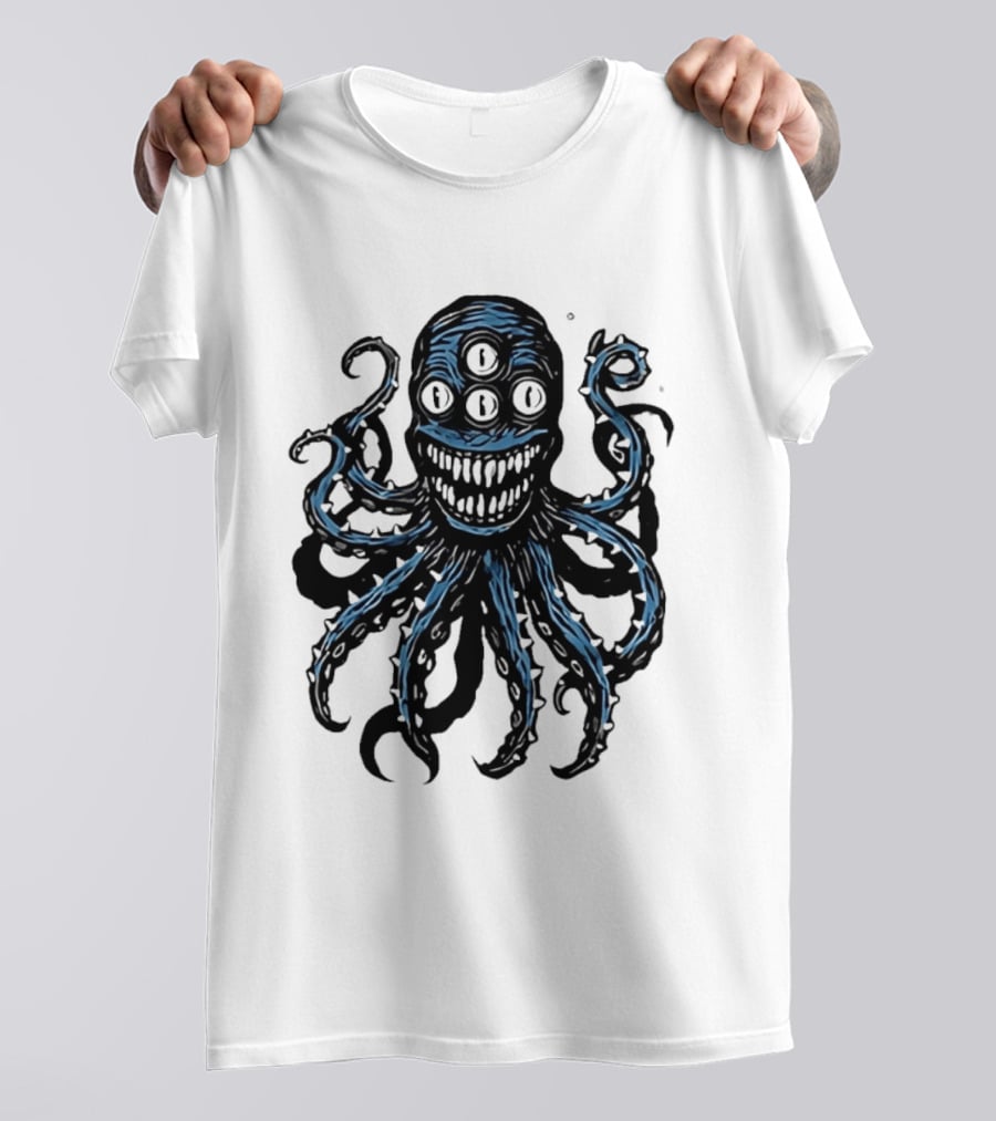 Monstrous Spiky Tentacles Blue Octopus Woodcut T-Shirt