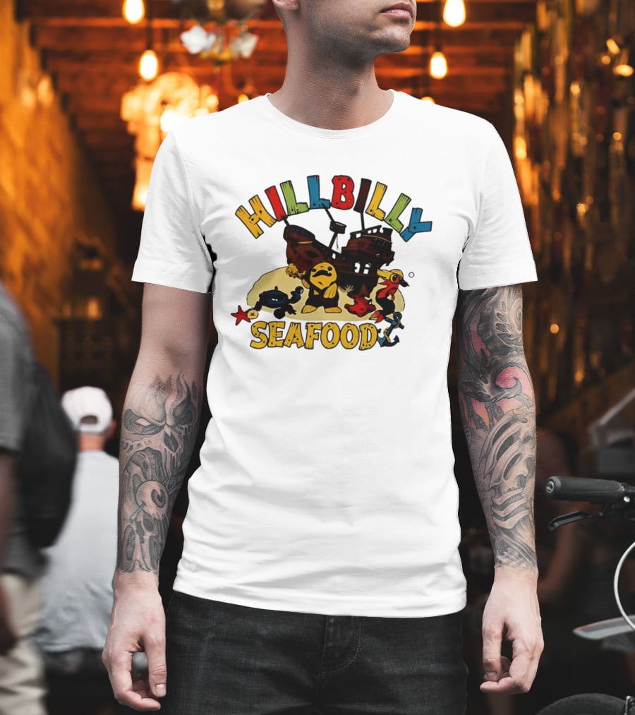 Hillbilly Seafood Cartoon Pirate Ship And Ocean Life Fish Adventure T-Shirt