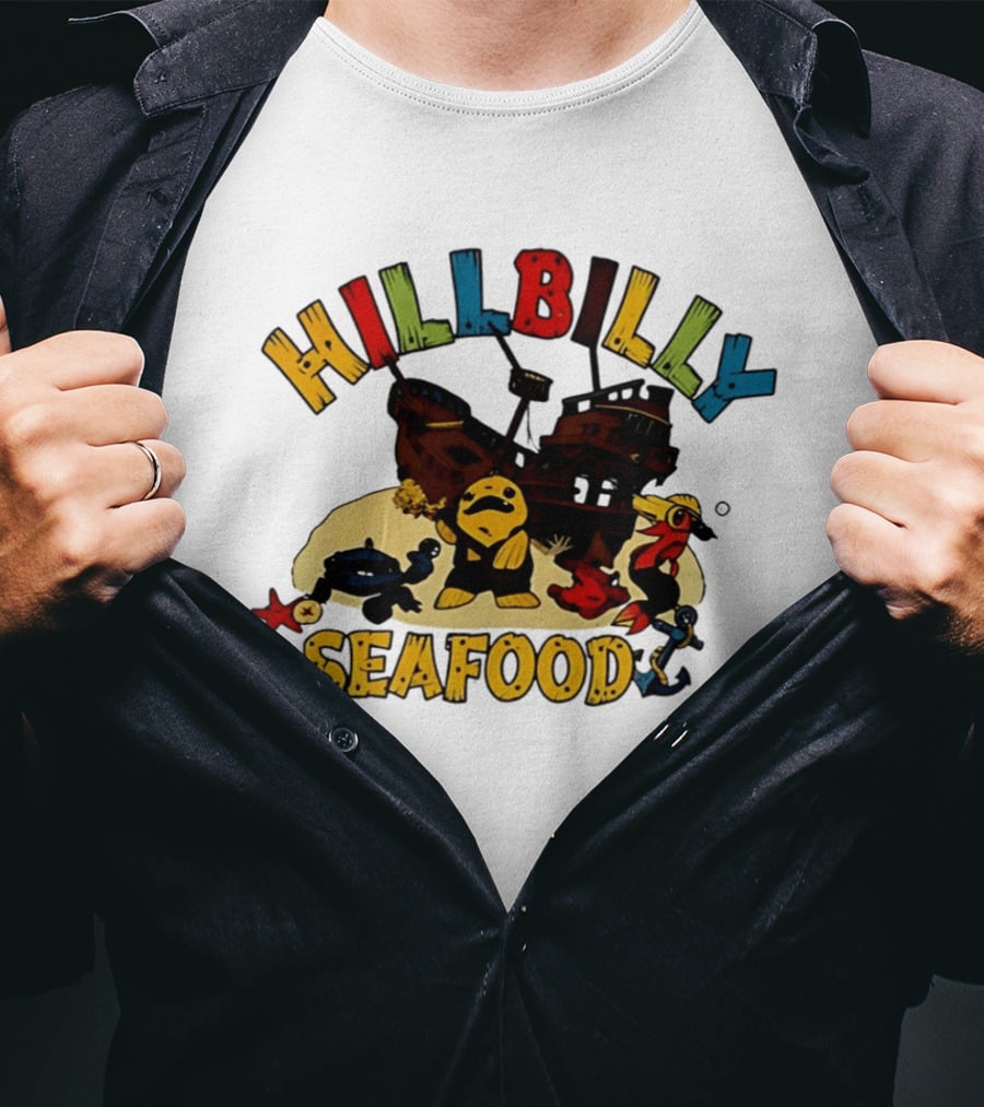 Hillbilly Seafood Cartoon Pirate Ship And Ocean Life Fish Adventure T-Shirt