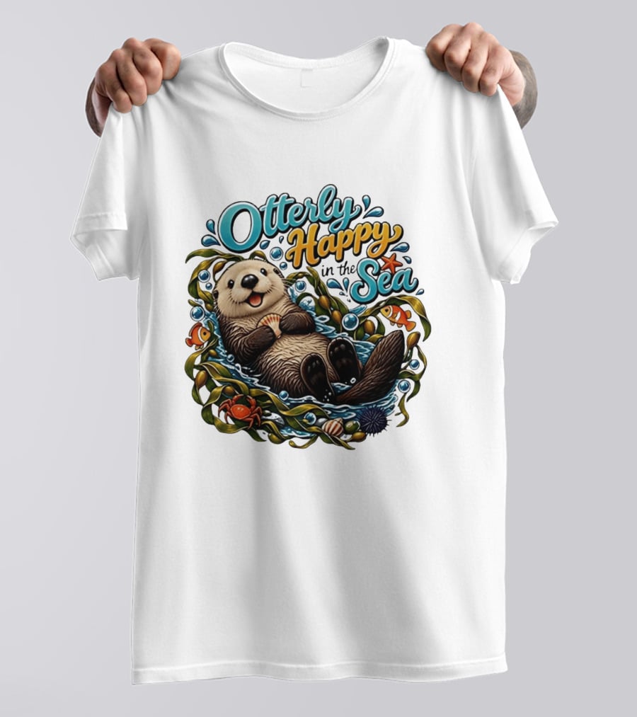 Otterly Happy In The Sea Cartoon Otter Floating With Kelp, Shell, Fish, Crab T-Shirt