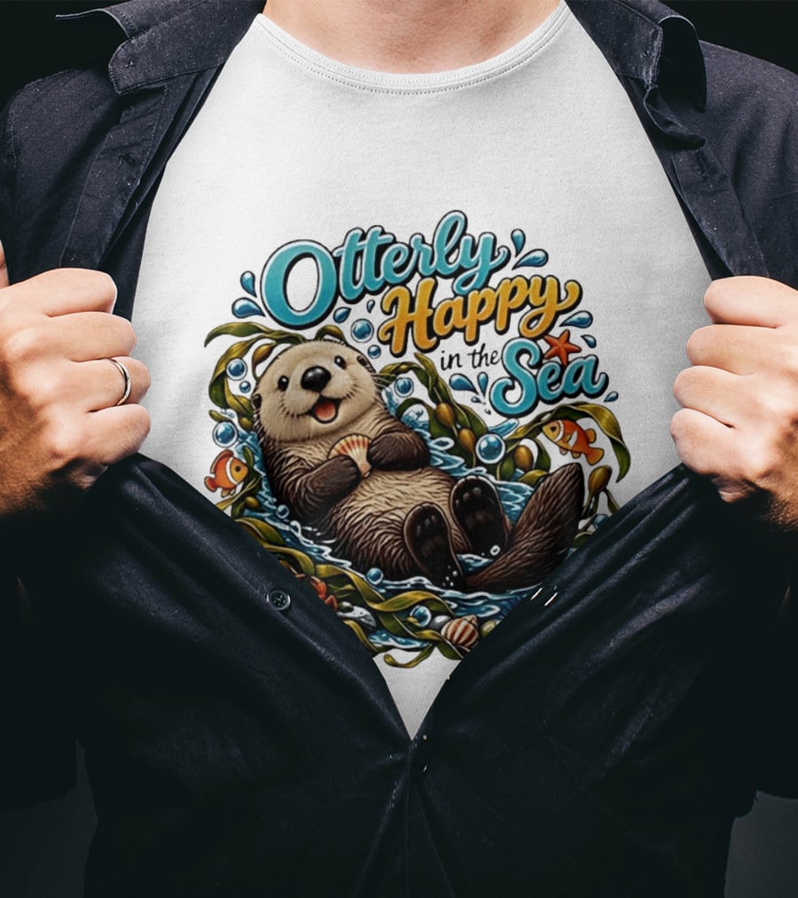 Otterly Happy In The Sea Cartoon Otter Floating With Kelp, Shell, Fish, Crab T-Shirt