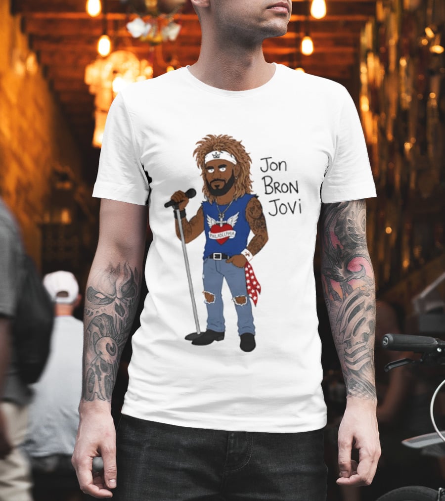 Philadelphia Jon Bron Jovi Cartoon Caricature Rockstar Holding Microphone Bandana Tattoo T-Shirt