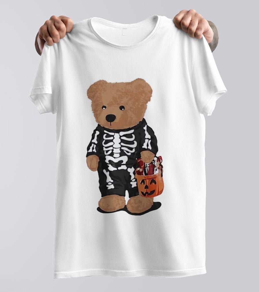 Teddy Bear Skeleton Costume Jack O Lantern Pumpkin Candy Cartoon T-Shirt