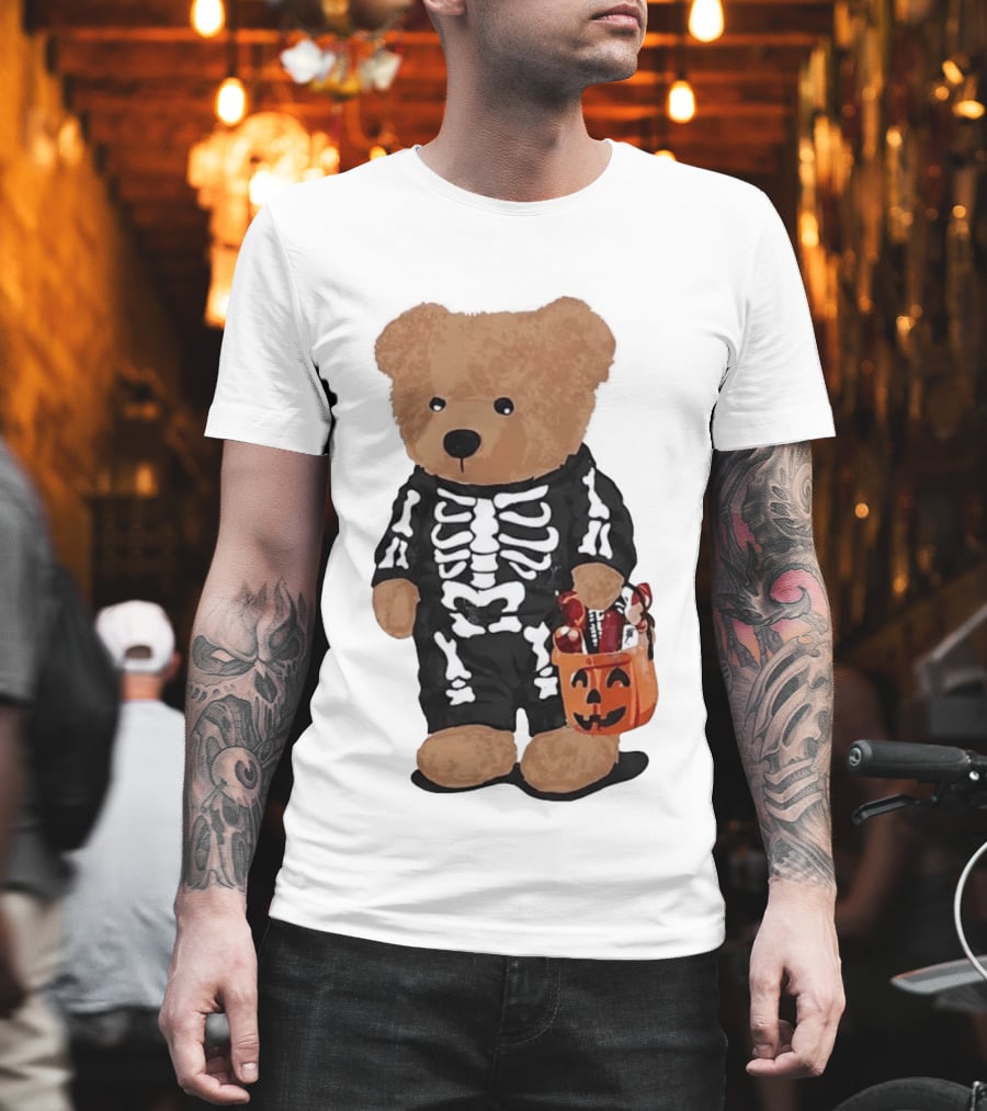 Teddy Bear Skeleton Costume Jack O Lantern Pumpkin Candy Cartoon T-Shirt