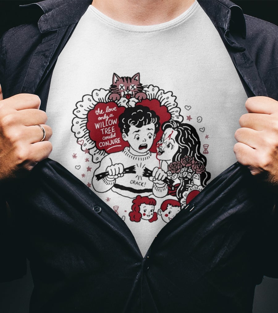 The Love Only A Willow Tree Could Conjure Crack Heartbreak Roses Cat T-Shirt