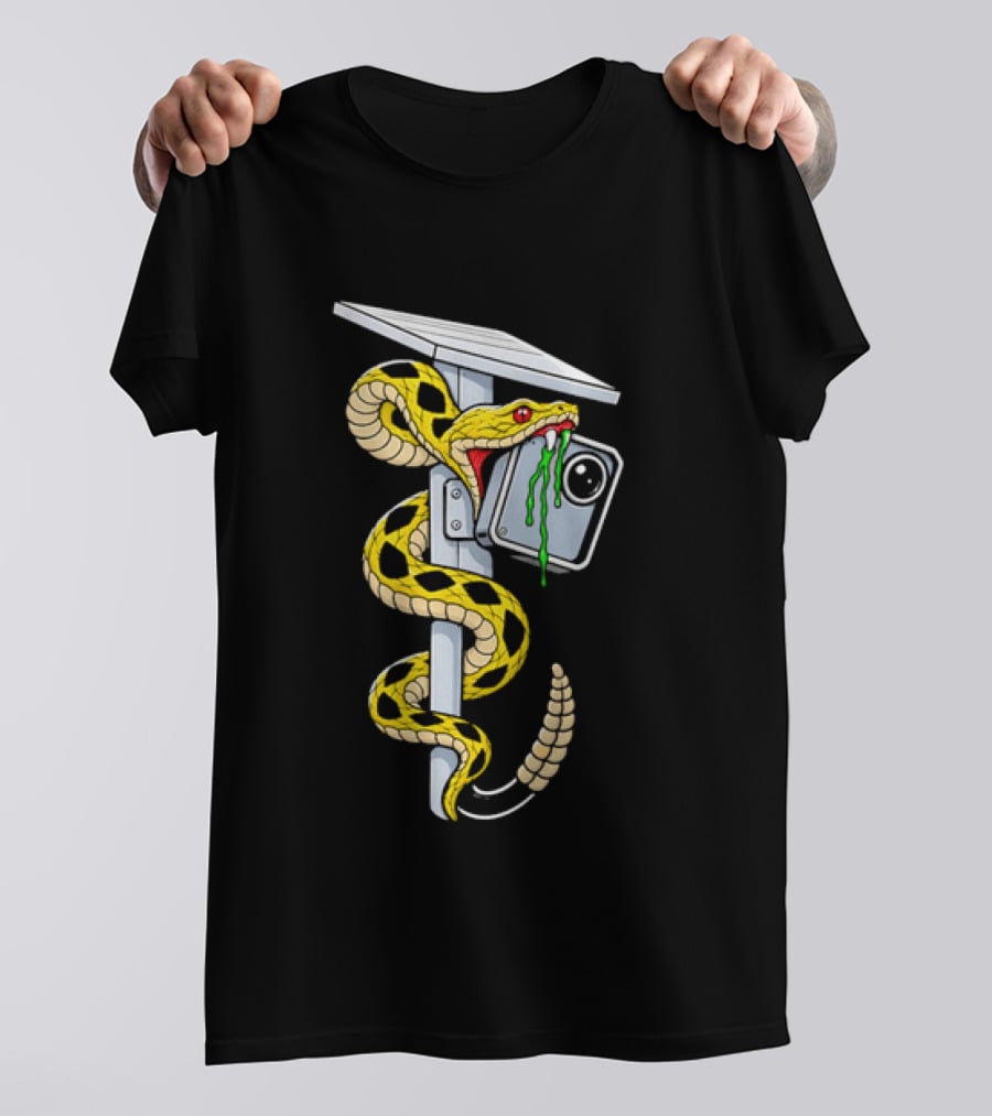 Cartoon Yellow Rattlesnake Biting Security Camera Solar Panel Pole Dripping Venom T-Shirt