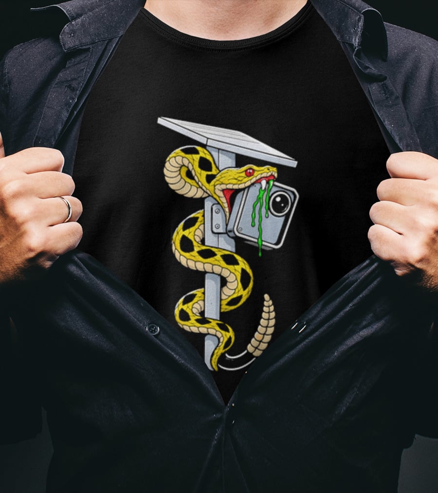 Cartoon Yellow Rattlesnake Biting Security Camera Solar Panel Pole Dripping Venom T-Shirt