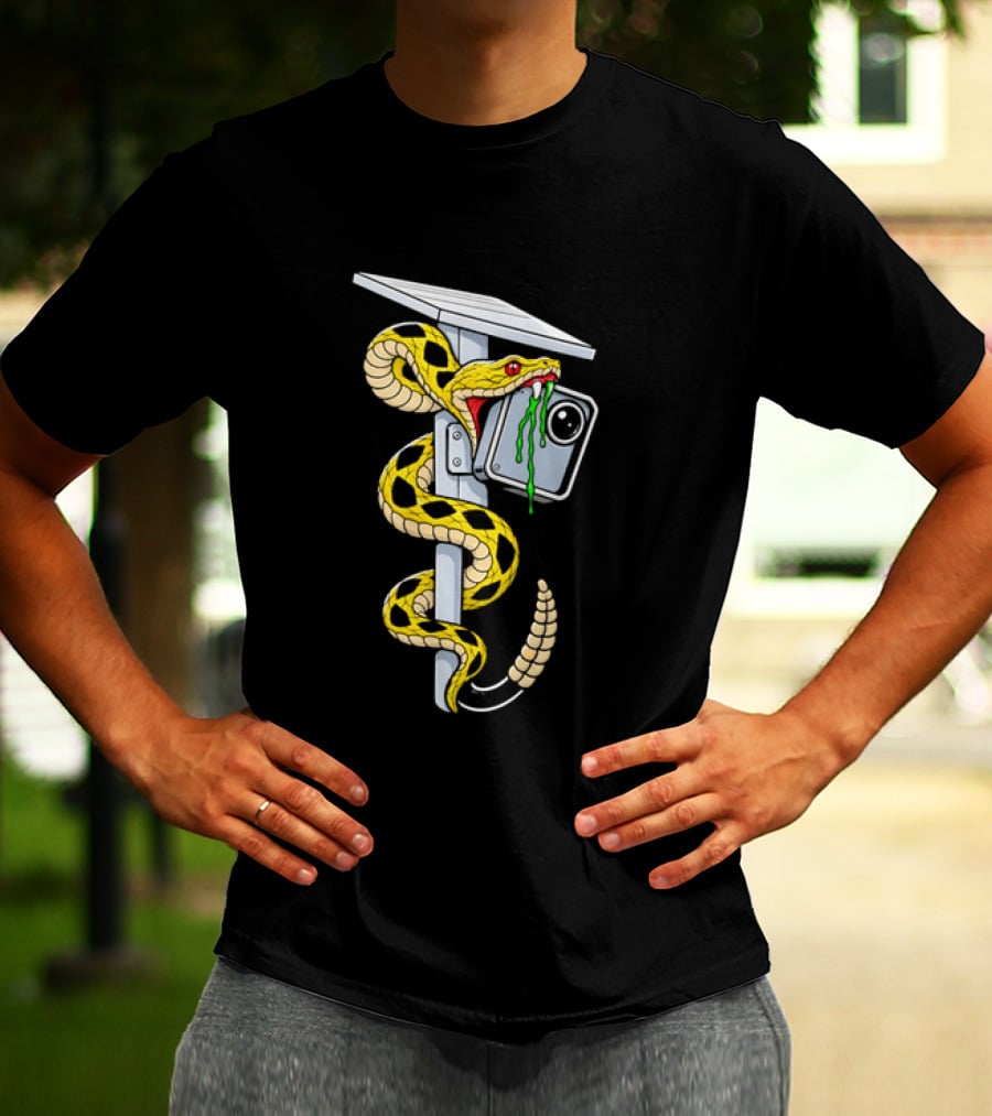 Cartoon Yellow Rattlesnake Biting Security Camera Solar Panel Pole Dripping Venom T-Shirt