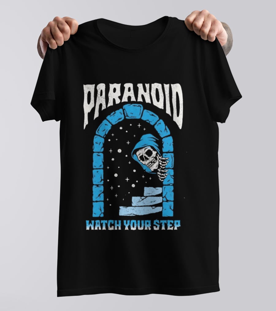 Paranoid Skeleton Peeking Stone Archway Your Step T-Shirt