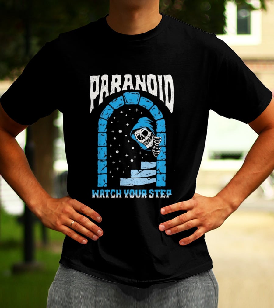 Paranoid Skeleton Peeking Stone Archway Your Step T-Shirt
