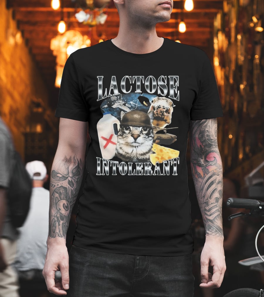 Lactose Tolerant Funny Cat Cheese Milk Jug Helmet Dog Spaceship T-Shirt