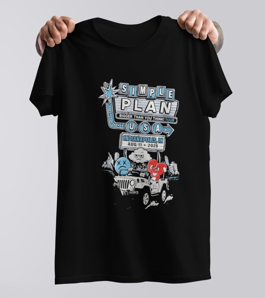 Simple Plan Indianapolis IN 2026 Bigger Than You Think Tour August 11 White River State Park USA Classic Car And Happy Heart T-Shirt
