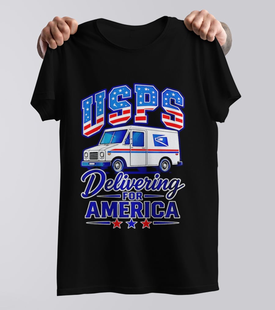 USPS Delivering For America Mail Truck Patriotic Stars And Stripes T-Shirt