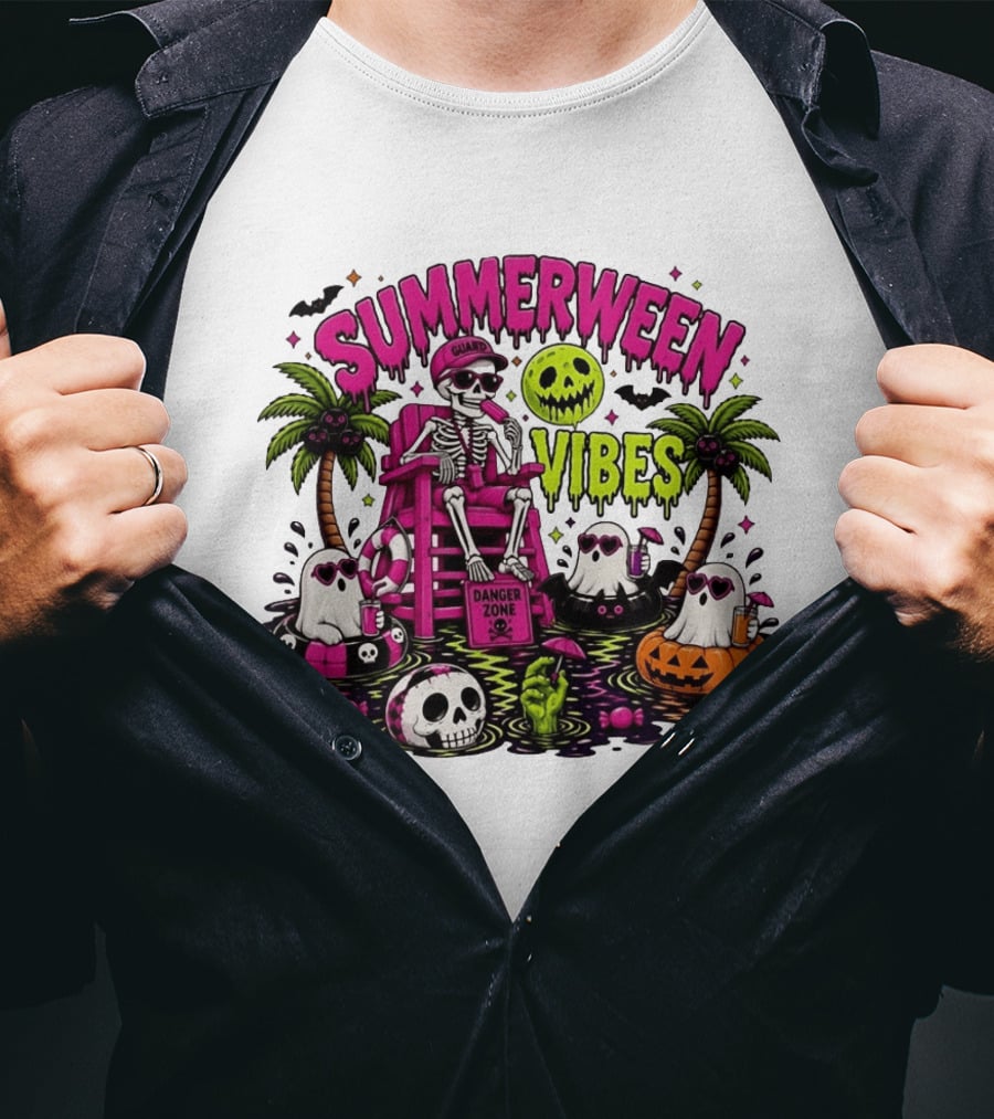 Summerween Vibes Halloween Skeleton Beach Party 2026 T-Shirt