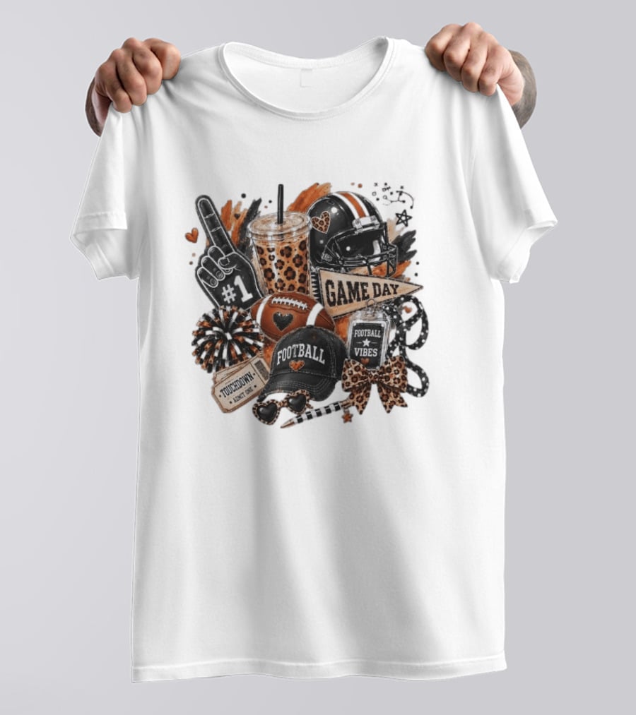 Leopard Game Day Football Touchdown Vibes #1 Fan Helmet Pom Pom Bow T-Shirt