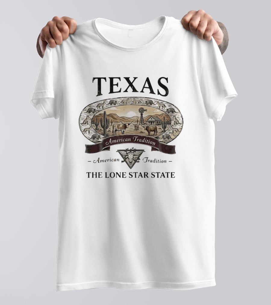 Texas American Tradition The Lone Star State Armadillo Longhorn Desert Scene T-Shirt