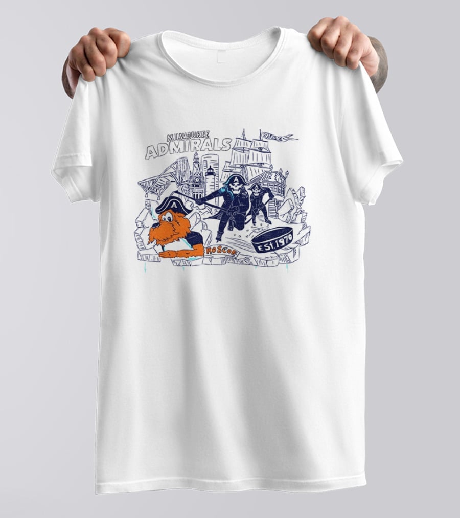 Milwaukee Admirals Roscoe Est 1970 Hockey Mascot And Cityscape T-Shirt