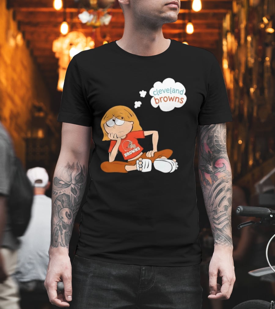 Cleveland Browns Cartoon Girl Sitting With Thought Bubble T-Shirt