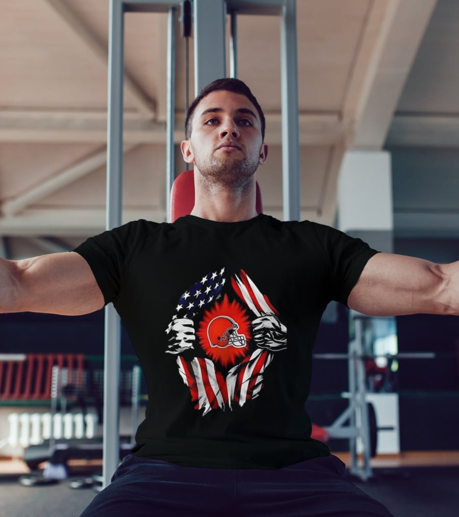 Cleveland Browns Super Man Skull Cap Backwards American Flag Ripped T-Shirt