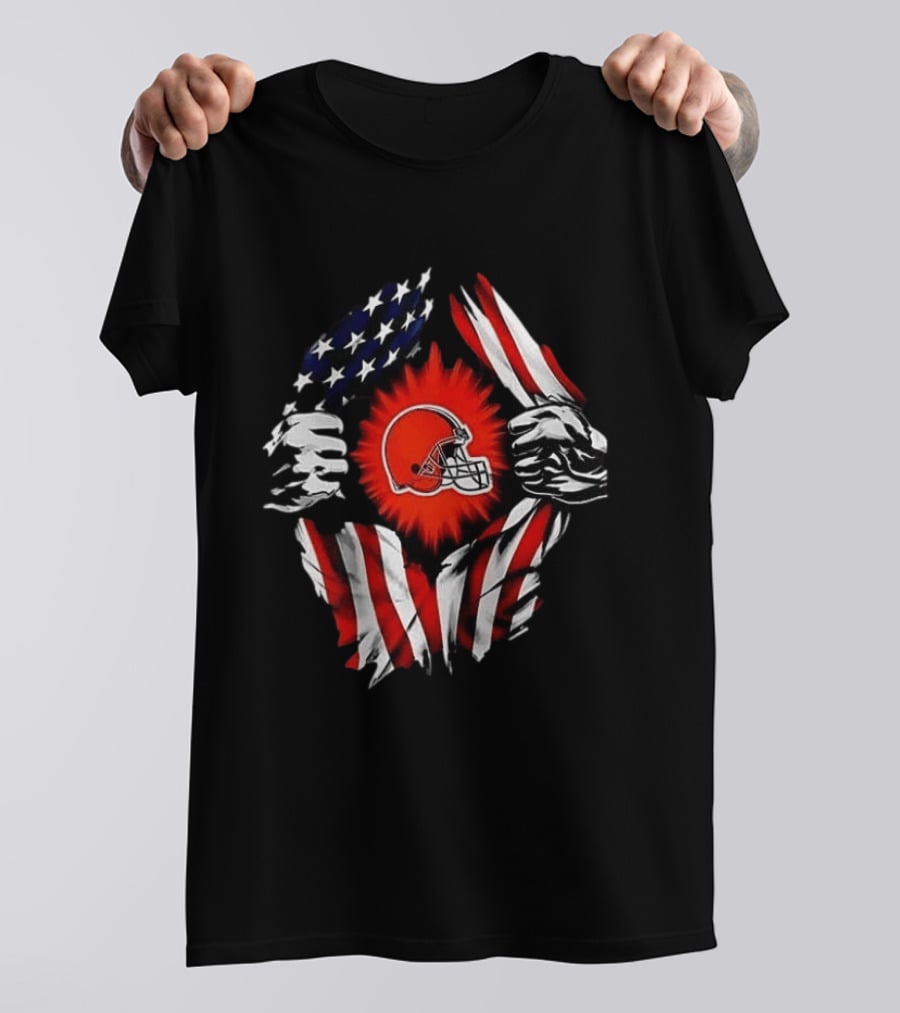 Cleveland Browns Super Man Skull Cap Backwards American Flag Ripped T-Shirt
