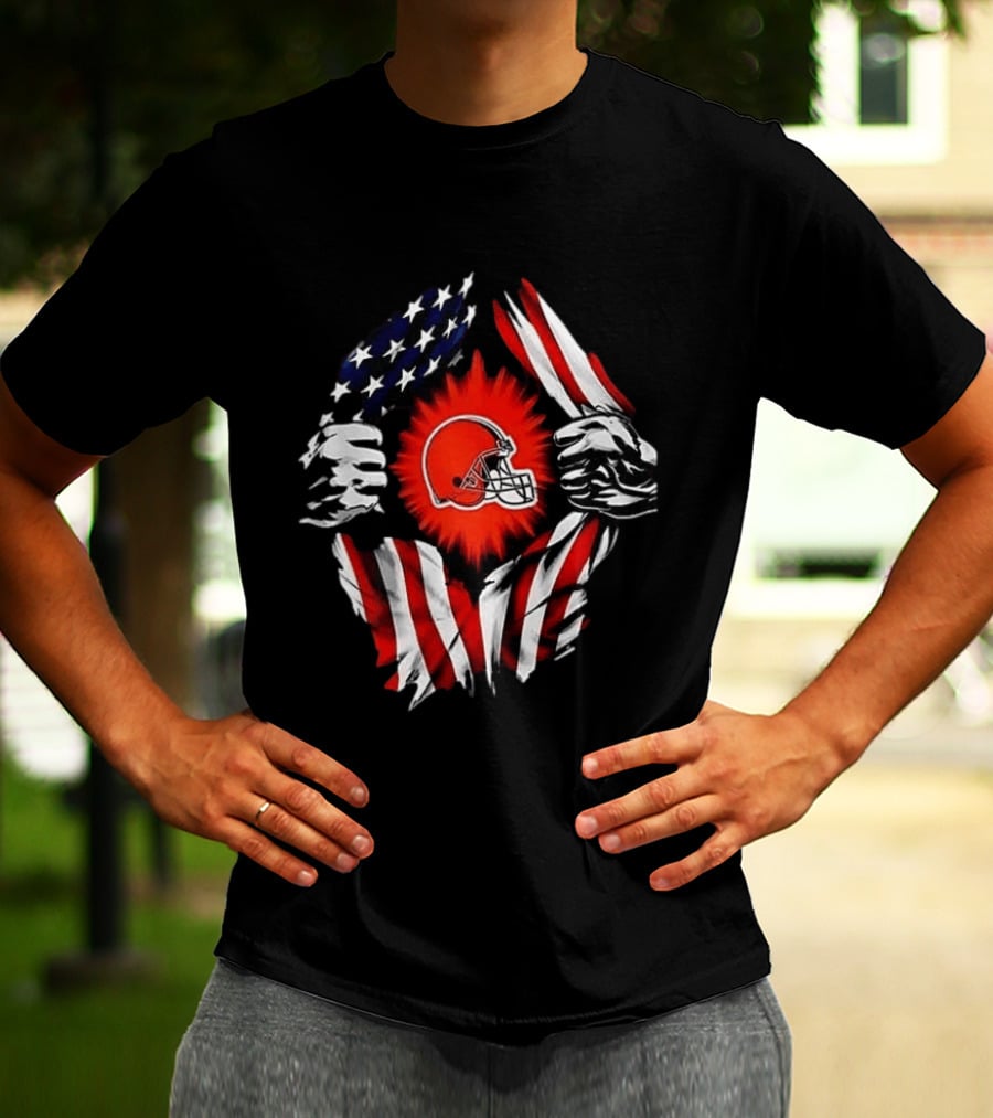 Cleveland Browns Super Man Skull Cap Backwards American Flag Ripped T-Shirt
