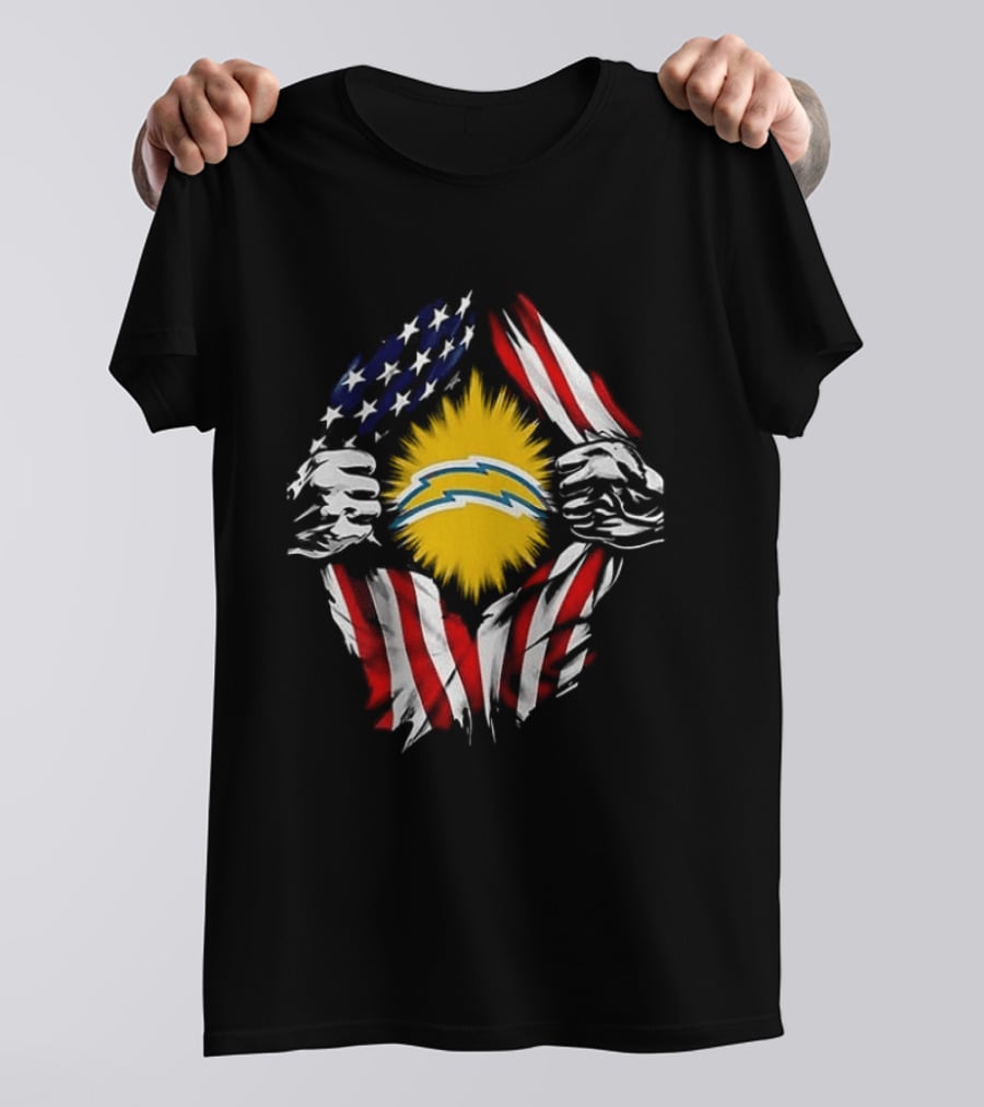 Los Angeles Chargers Superman Skull Cap Backwards USA Flag Power T-Shirt
