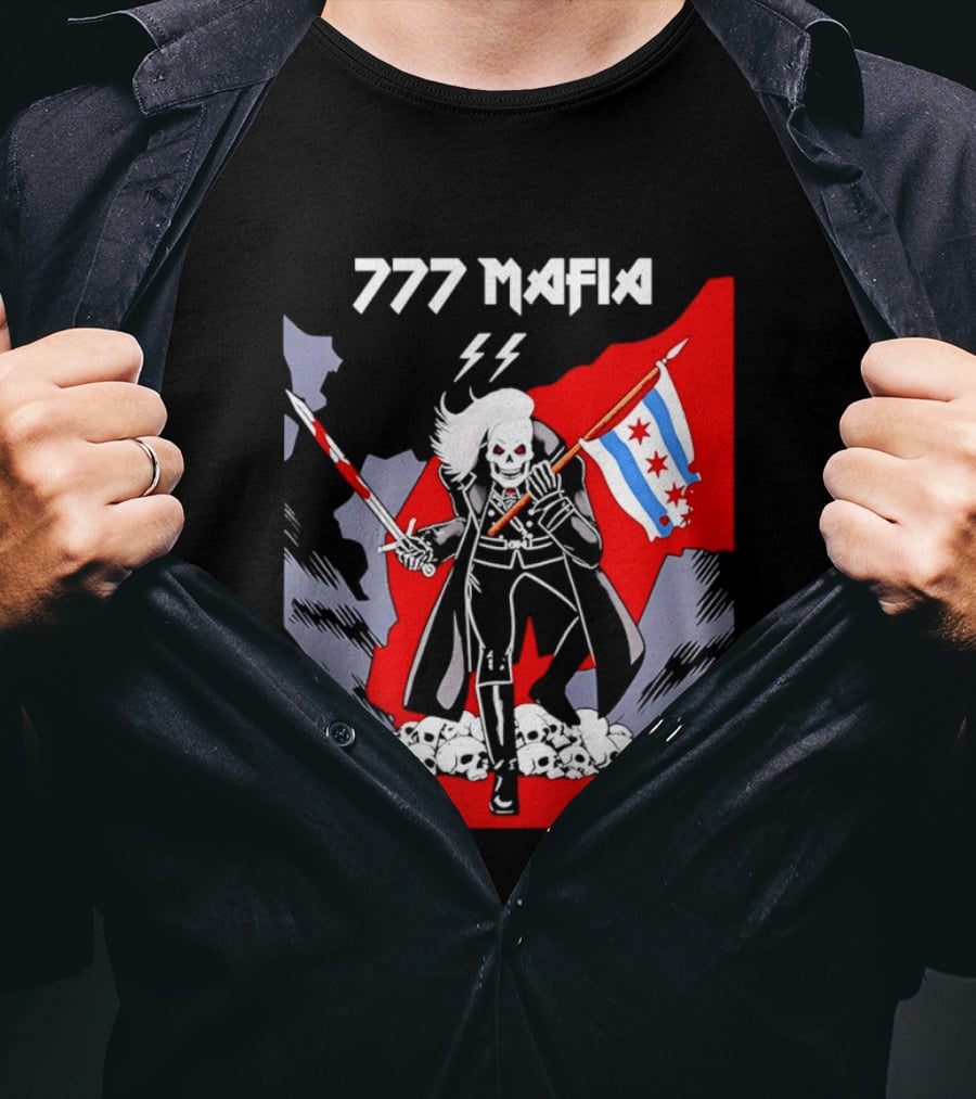 777 Mafia Chicago Flag Skeleton Skull T-Shirt
