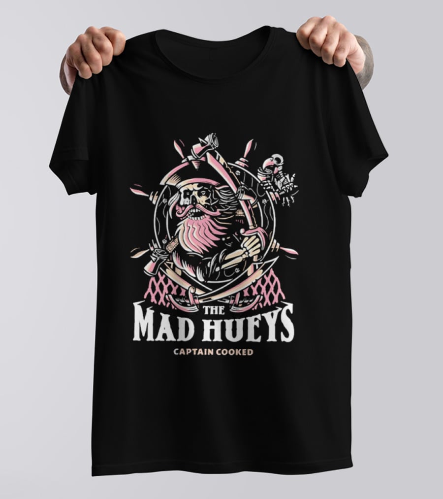 The Mad Hueys Captain Cooked Bearded Pirate Skull Ship Wheel Cutlasses Adventure T-Shirt