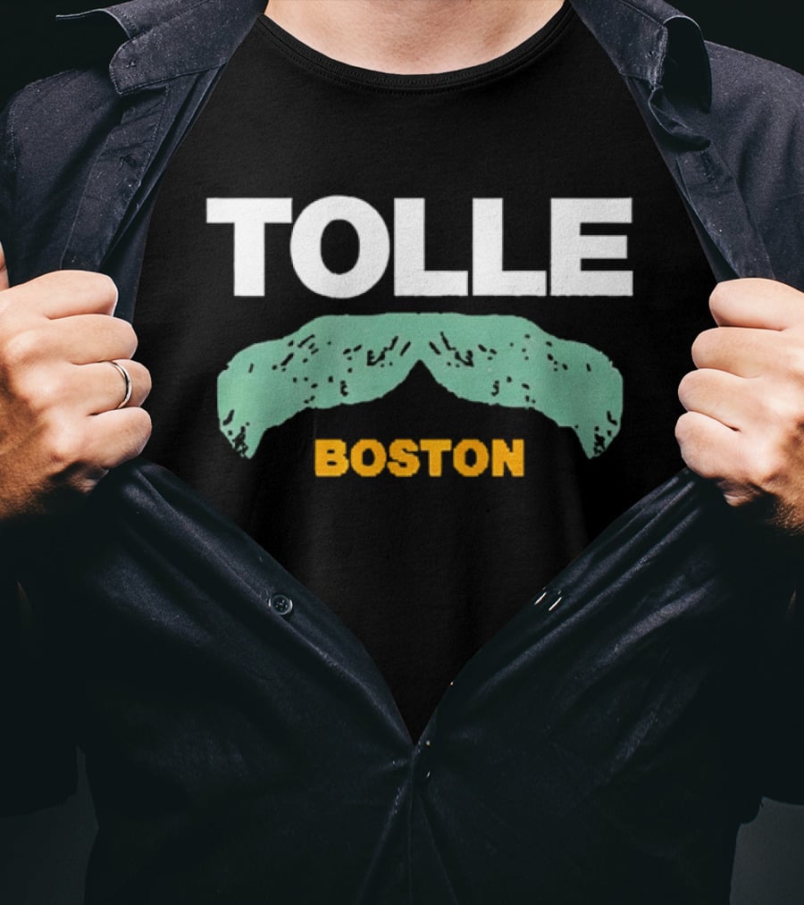 Tolle Boston White And Yellow Distressed Green Mustache T-Shirt