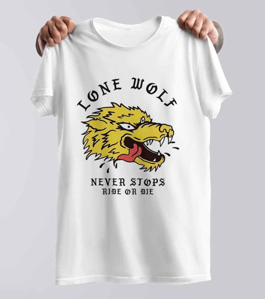 Lone Wolf Never Stops Ride Or Die Fierce Yellow Wolf Head T-Shirt