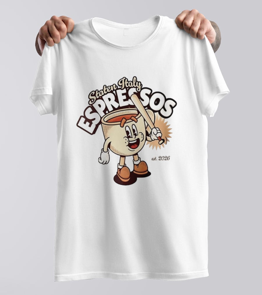Staten Italy Espressos Est 2026 Cartoon Coffee Cup With Baseball Bat T-Shirt