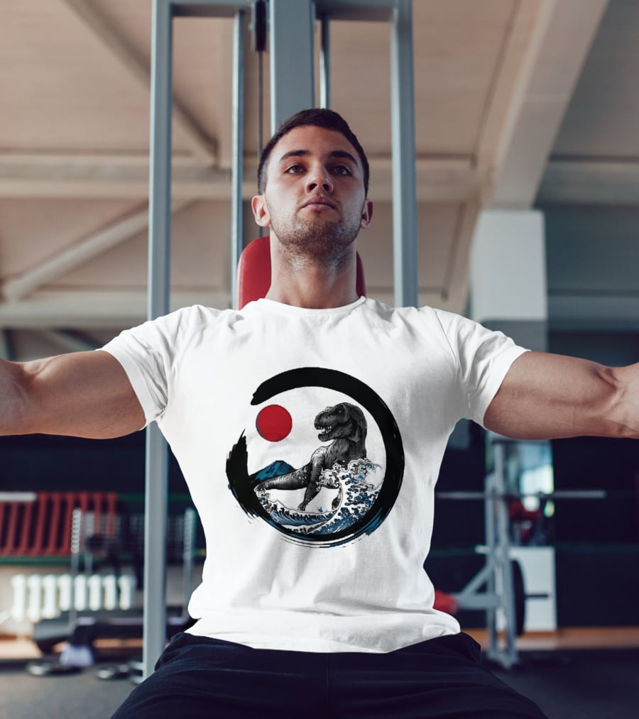 Tyrannosaurus Rex Riding Great Wave With Mount Fuji Enso And Red Sun T-Shirt