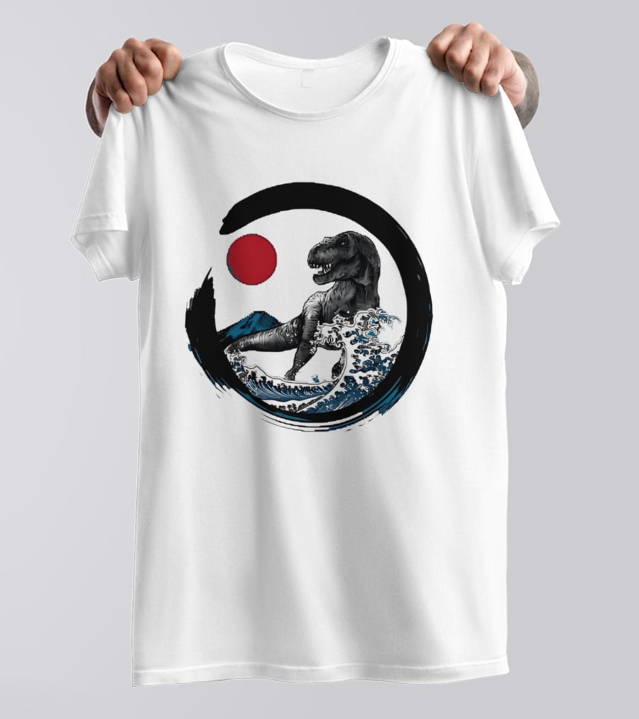 Tyrannosaurus Rex Riding Great Wave With Mount Fuji Enso And Red Sun T-Shirt