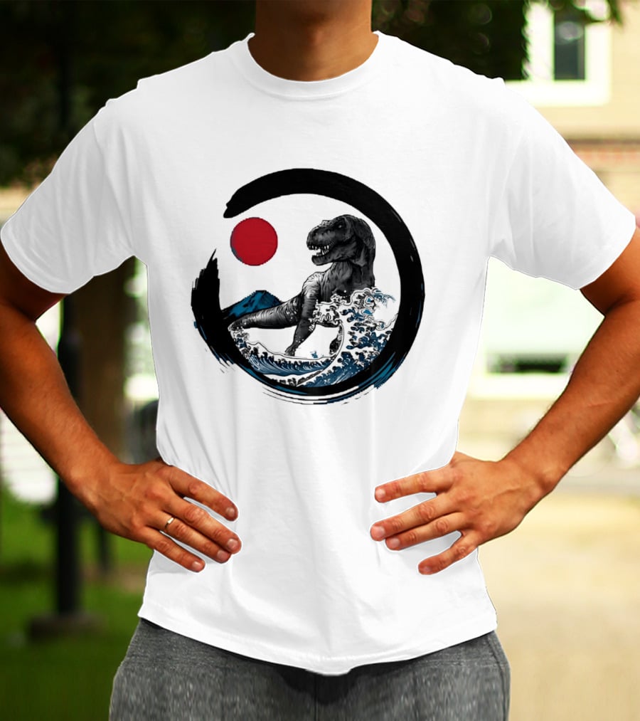 Tyrannosaurus Rex Riding Great Wave With Mount Fuji Enso And Red Sun T-Shirt