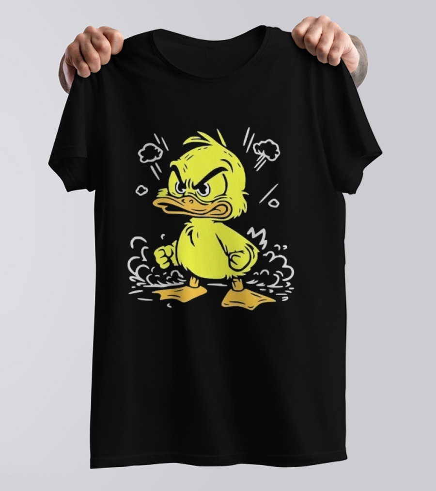 Angry Yellow Duckling Clenched Fists Smoke Clouds Cartoon Line T-Shirt