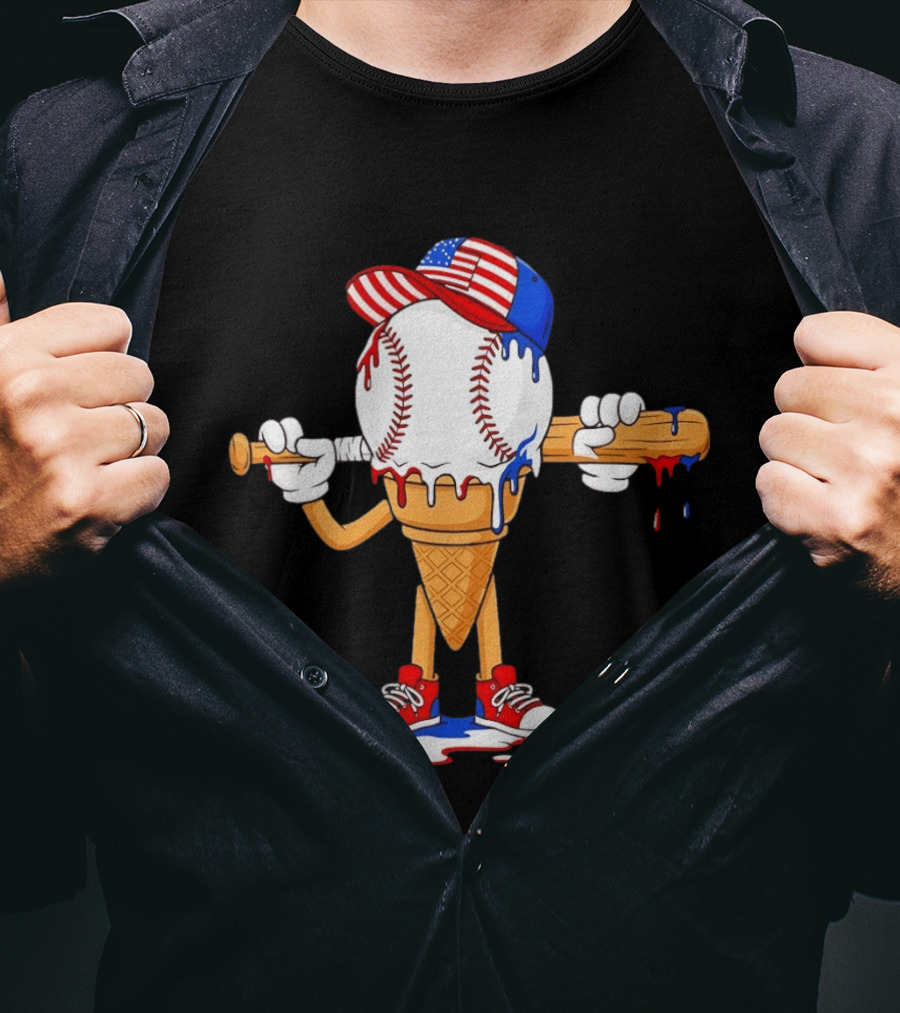 Patriotic Ice Cream Baseball Cone USA Flag Cap And Bat T-Shirt