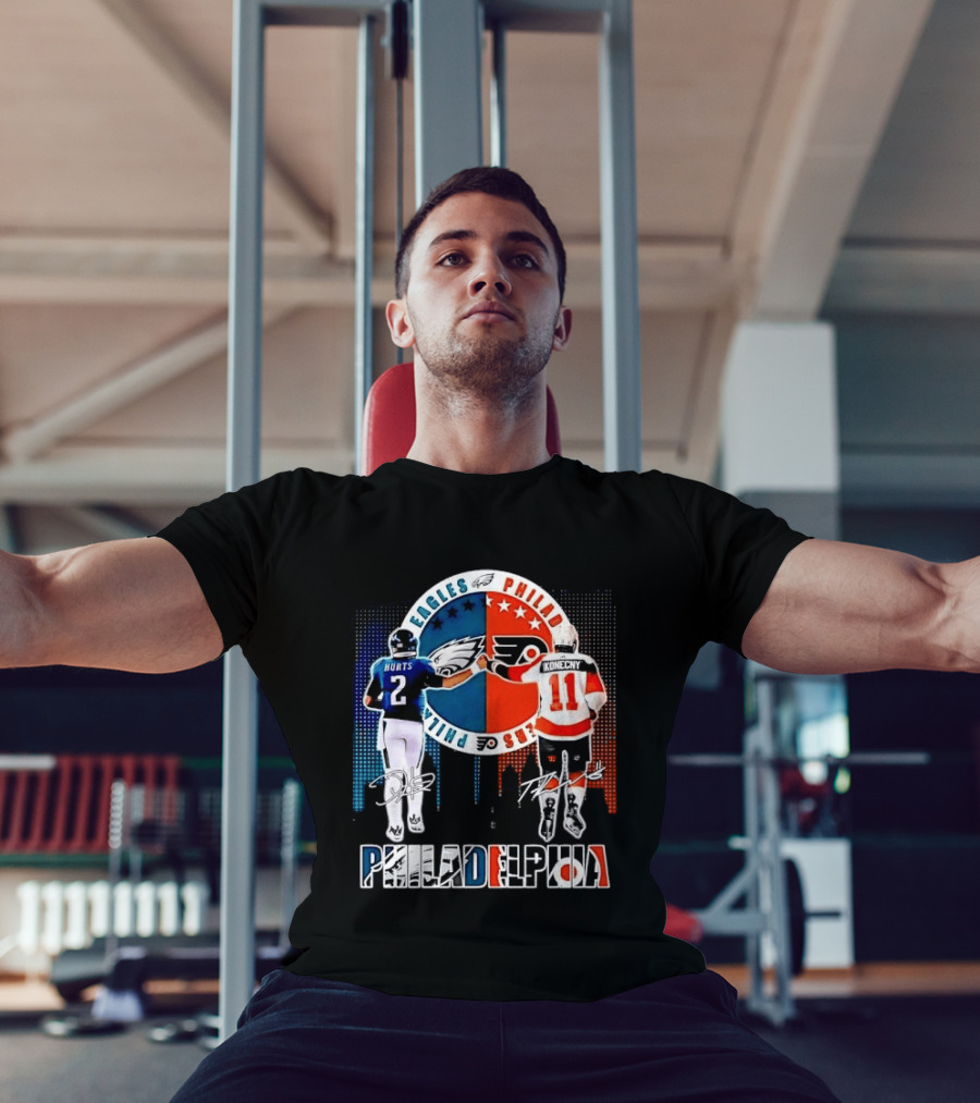 Philadelphia Eagles Flyers Hurts Konecny Fist Bump Split Crest Skyline T-Shirt