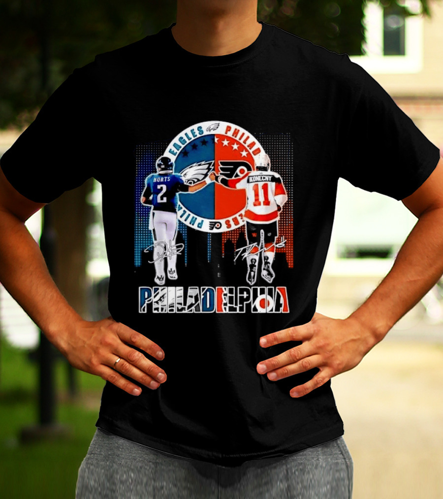 Philadelphia Eagles Flyers Hurts Konecny Fist Bump Split Crest Skyline T-Shirt