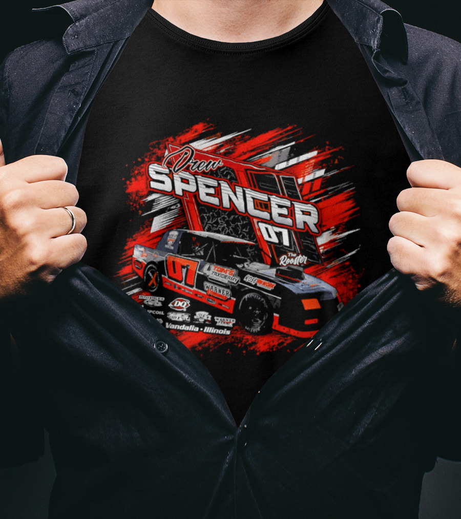 Drew Spencer 07 The Rooster Tom's Taxidermy Vandalia Illinois Racing Car T-Shirt