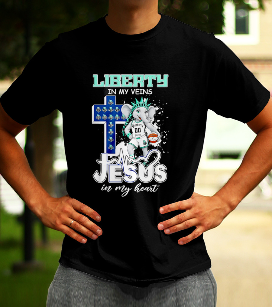 Liberty In My Veins Jesus In My Heart New York Liberty Elephant Basketball Cross T-Shirt