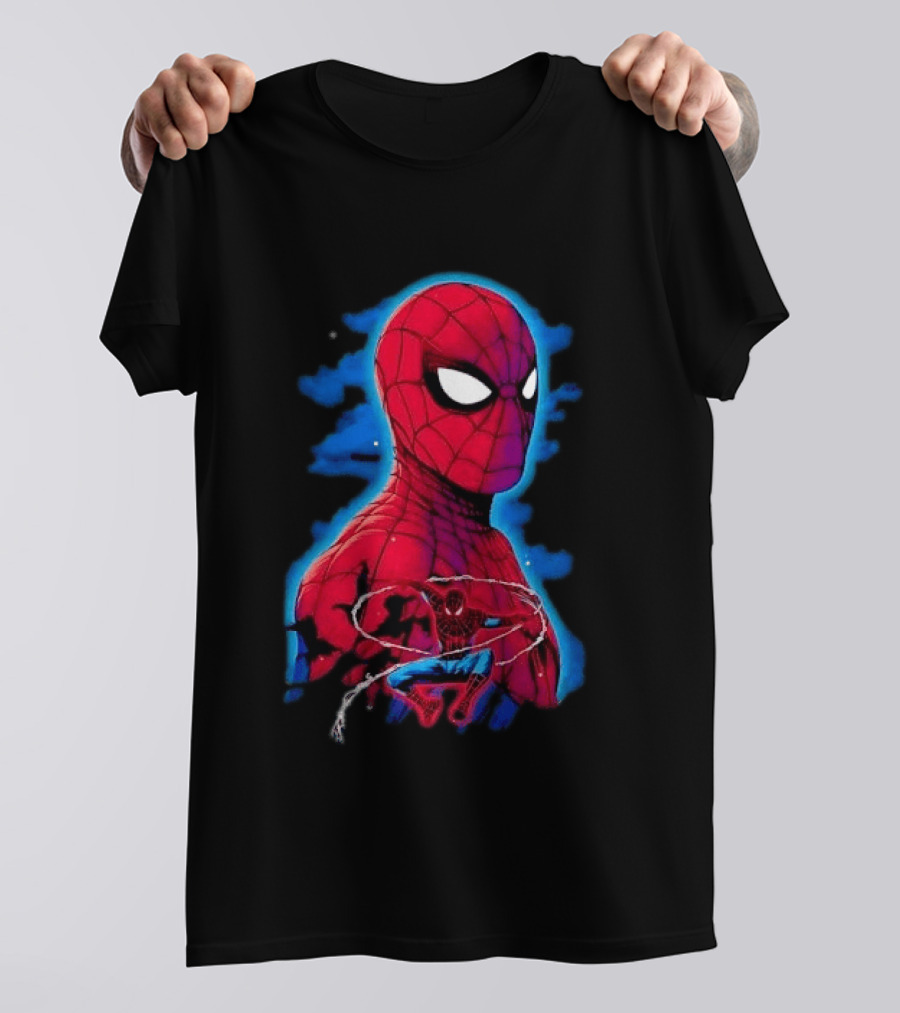 Marvel Spider Man Bust Crouching Web Action Silhouette Clouds T-Shirt