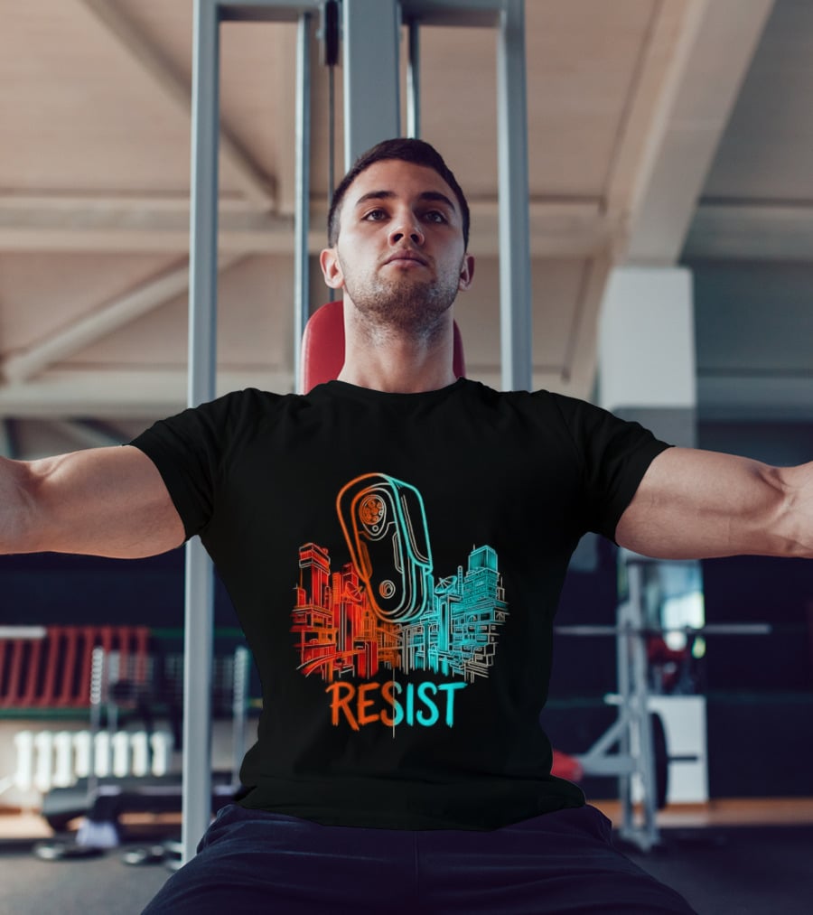 Resist Surveillance Neon City Skyline Security Camera T-Shirt