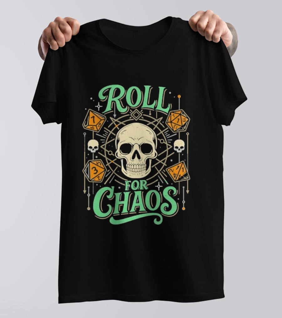 Roll For Chaos Skull RPG Dice Geometric Polyhedral Line T-Shirt
